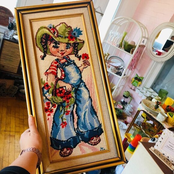 70s Big Eye Prairie Girl Needlepoint Wall Hanging Vintage Cross Stitch Fiber Art - Picture 9 of 12